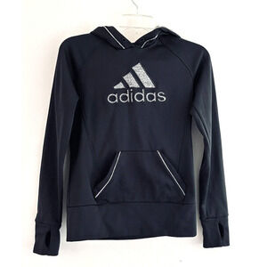 Adidas | Womens Black Long Sleeve Kangaroo Pocket Pullover Fleece Hoodie Size XS